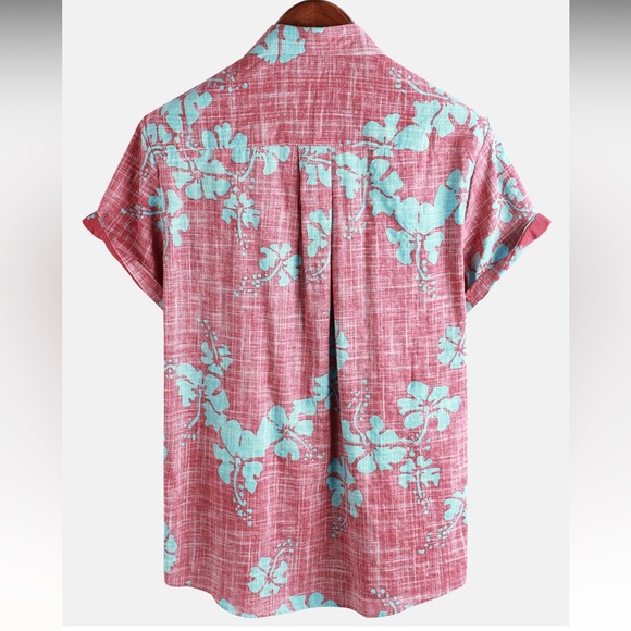 Men's Red Floral Short Sleeve Button Up Beach Tropical Hawaiian Shirt - Picture 2 of 6